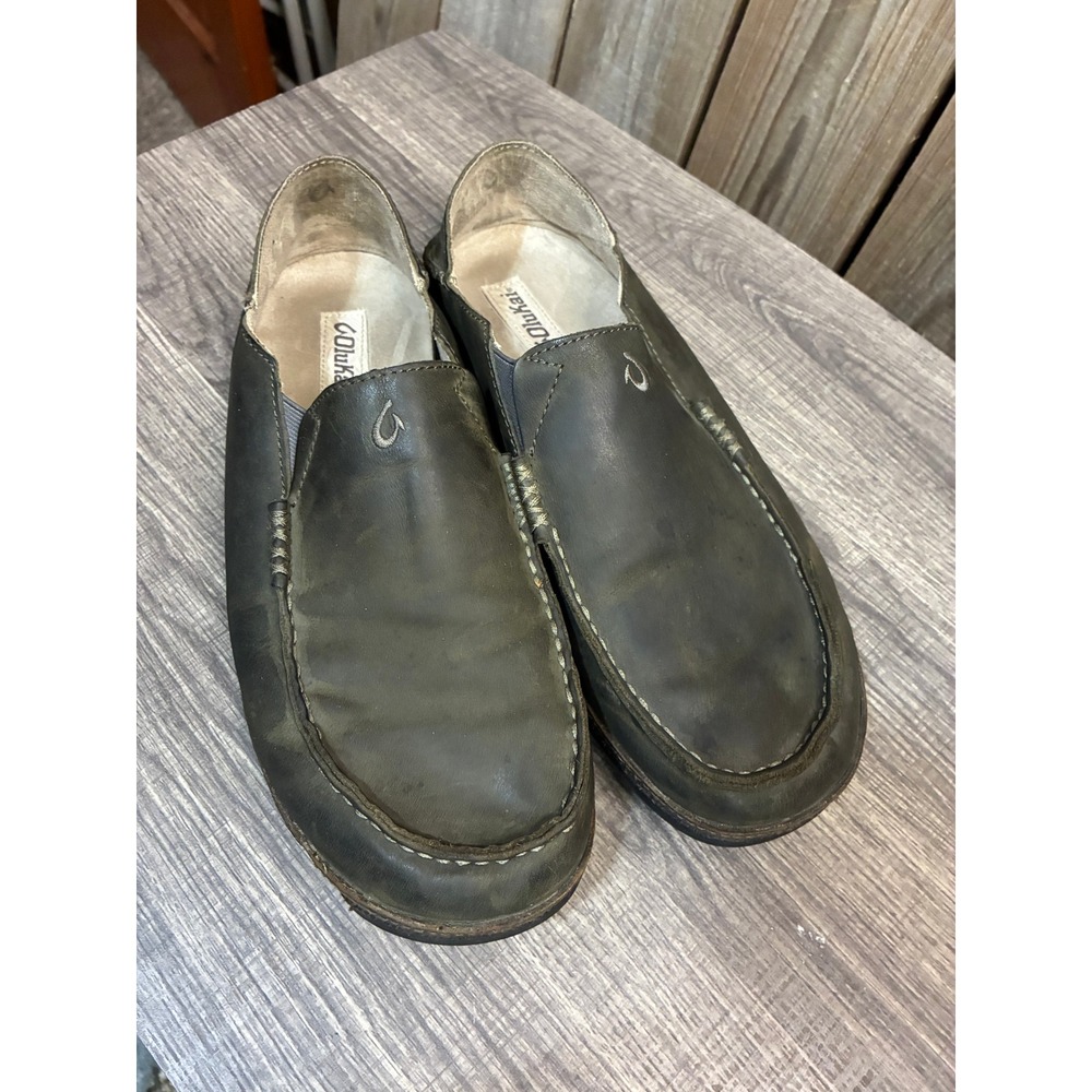 OluKai Moloa Mens Dark Olive Green Leather Slip On Loafers Shoes 10128-7A7C 11.5